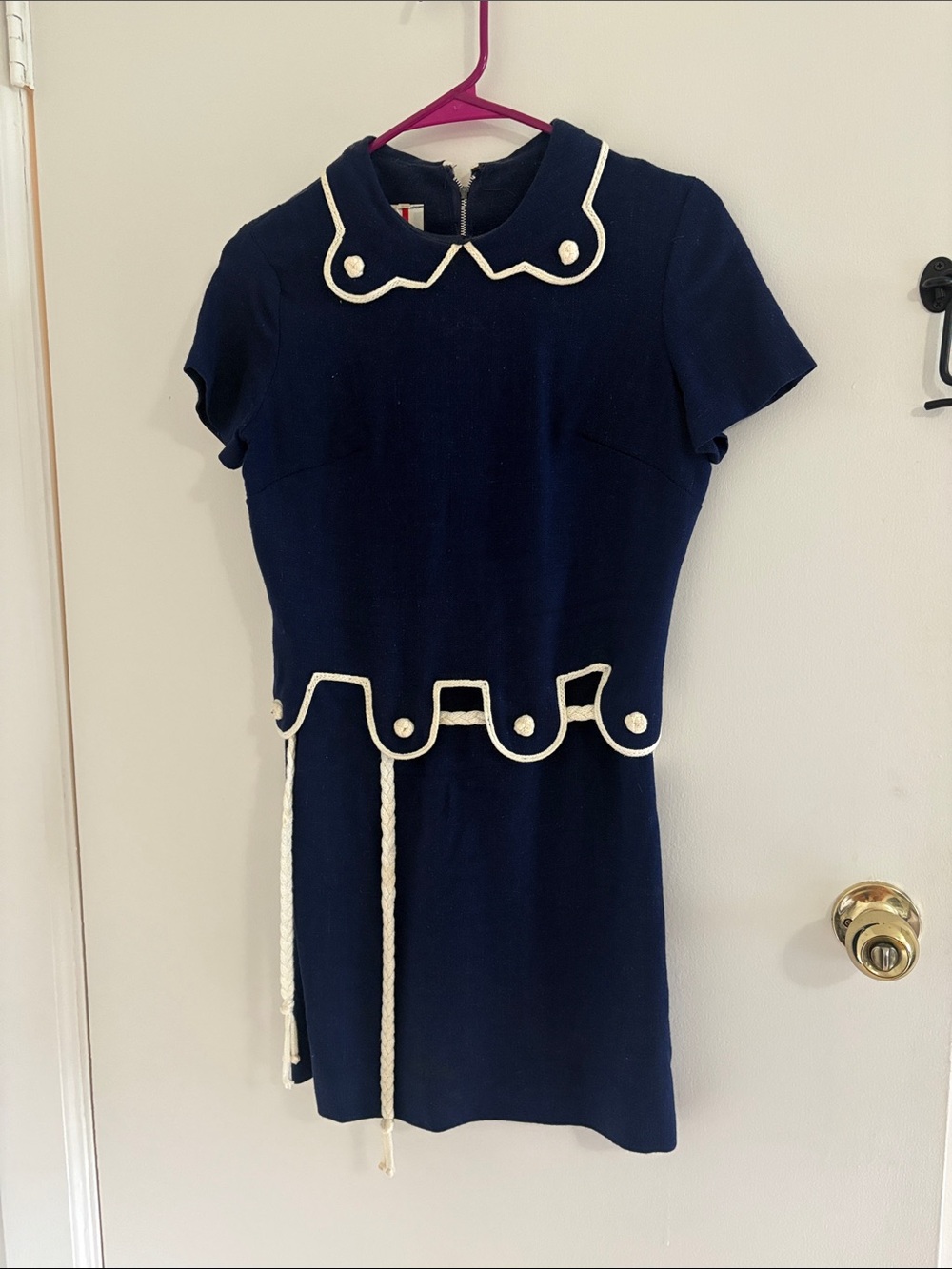Vintage 60s Navy Nautical Dress with White Trim and Tie Belt